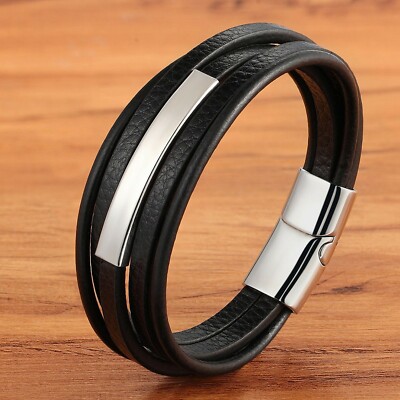 Bracelet Homme Cuir Noir Et Acier Inoxydable - Fermoir Magnétique - Tailles 19/21/23 Cm