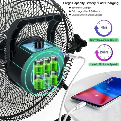 Portable Solar Fan 12'' Rechargeable Solar Powered Tent Camping Fan - Picture 3 of 7