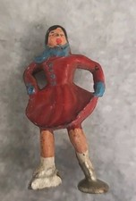 Vintage Barclay Lead Female Woman Ice Skater Figurine Village Red Dress Blue
