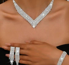 Silver Plated Crystal Necklace Bracelet Earrings Set Prom Wedding Pageant Bridal