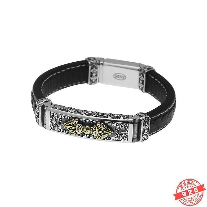 Pulseira de couro clássica sólida 925 prata esterlina 12 mm preta real - Imagem 2 de 4