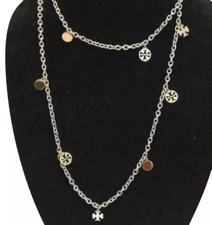 Tory burch logo charm rosary necklace deals