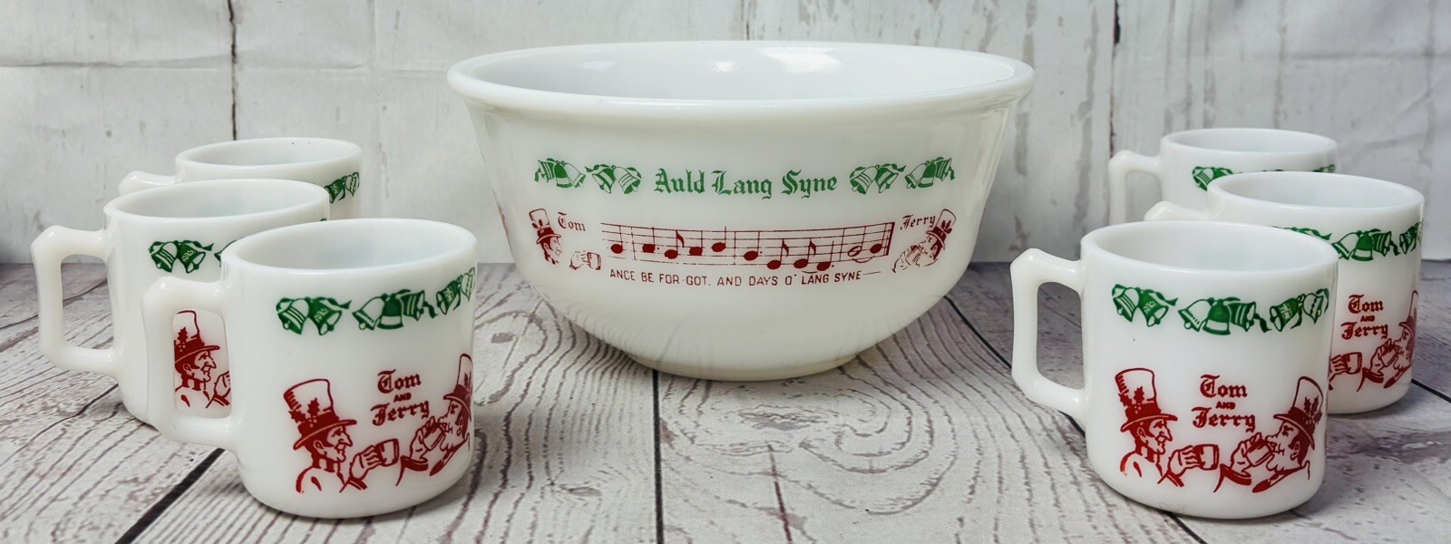 Vintage Atlas Tom & Jerry Auld Lang Syne Bowl Set with 6 Mugs