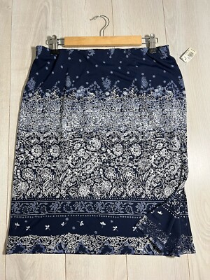 NWT Max Studio Navy White Floral Side Split Pencil Skirt Sz L