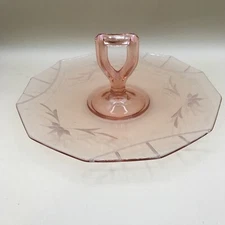 Vintage Etched Pink Depression Glass Center Handle Tidbit Serving Dish w/handle