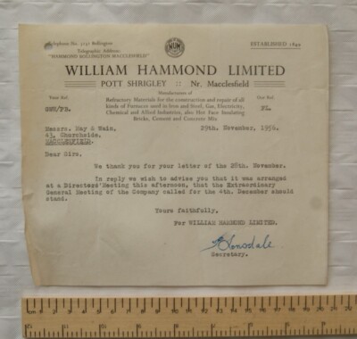 1956 Brief William Hammond, Pott Shrigley re Außerordentliche Generalversammlung