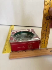 Vintage Bermuda Souvenir 2 Piece Ashtray Red Leather & Glass (Ocean Scene Pict)