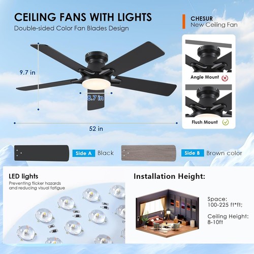 52" Black Ceiling Fan with Dimmable LED Light, Remote Control, Reversible Motor - Picture 6 of 8