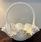 Vintage Large Fenton White Milk Glass Ruffled Hobnail Handled Basket