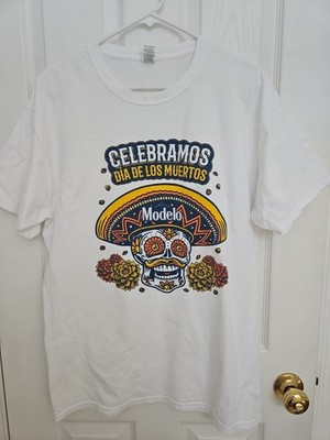 Modelo Celebramos Graphic SugarSkull Large White Tee Dia De Los Muertos Cerveza!