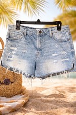 Hidden Womens Distressed Denim Cutoff Shorts Size L Light Wash Raw Hem Festival