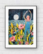 Moonlit Garden Figure Painting Original Naive Folk Art Night Landscape