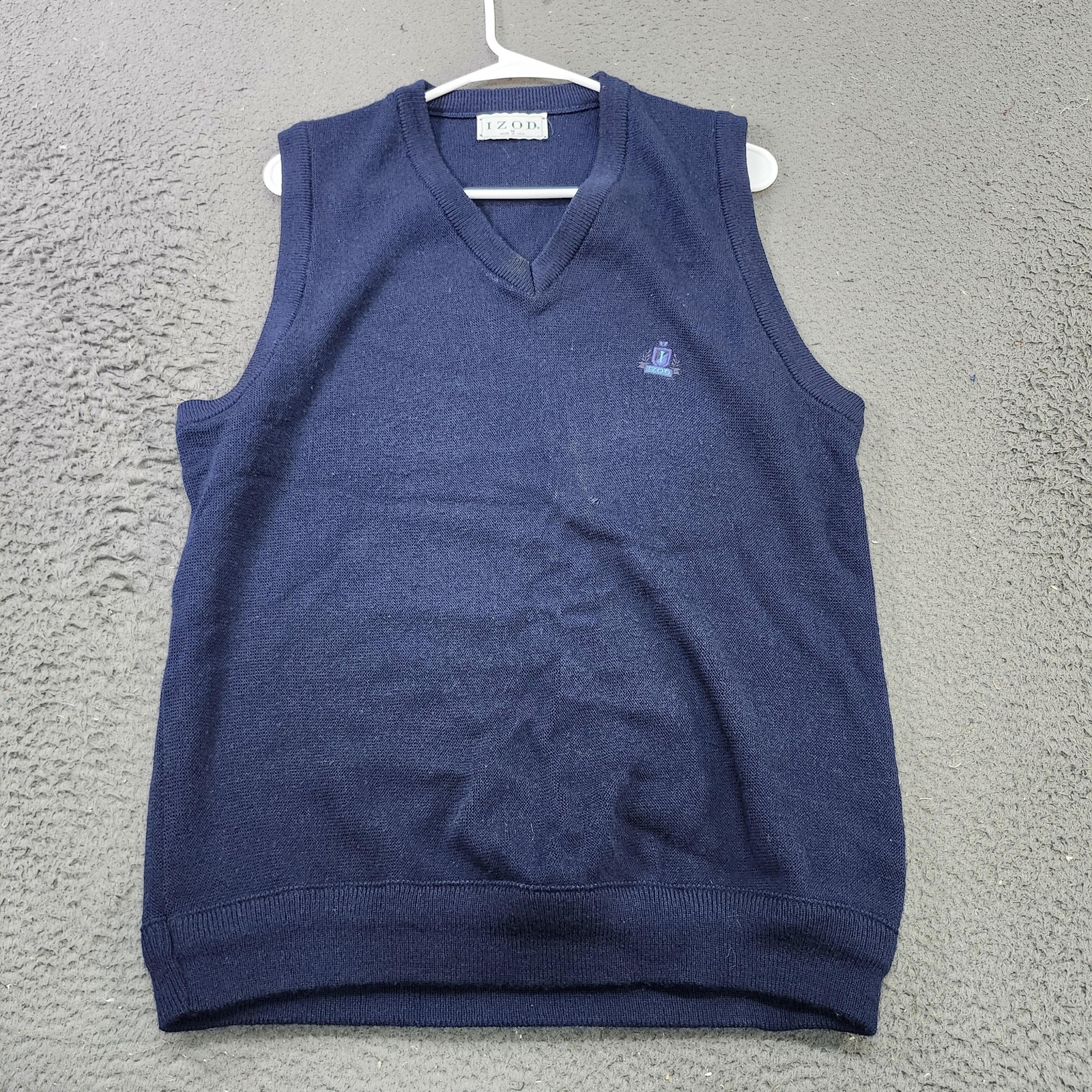Vintage Izod Sweater Vest Mens Medium Blue V Neck Knit Pullover Logo Made USA