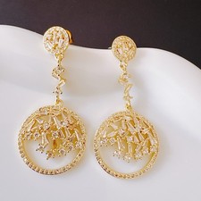 Gold Plated Circle CZ Crystal Drop Earrings 925 Silver Post Statement Dangle