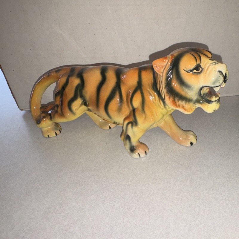 Ceramic Tiger Figurine Orange Black Striped Collectible Statue  Safari Decor