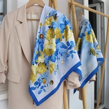 UKRAINE Blue Yellow Floral Print Silk Satin Square Scarf for Women