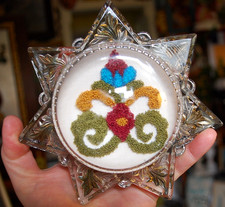 Antique 7 POINT STAR Victorian GOOFUS GLASS Magnifying Paperweight w CREWEL WORK