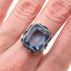 925 Sterling Silver Antique Art Deco Blue Glass Floral Oxidized Ring Size 6.5