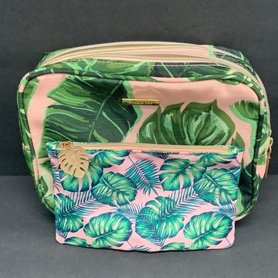 Conair Sophia Joy Ipsy  2 Travel Organizer Cosmetic Bag Pink Green Tropical Leaf