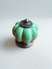 Set of 9 Green Ceramic Pumpkin Cabinet Knobs Drawer Pulls Antique Brass w/Screws