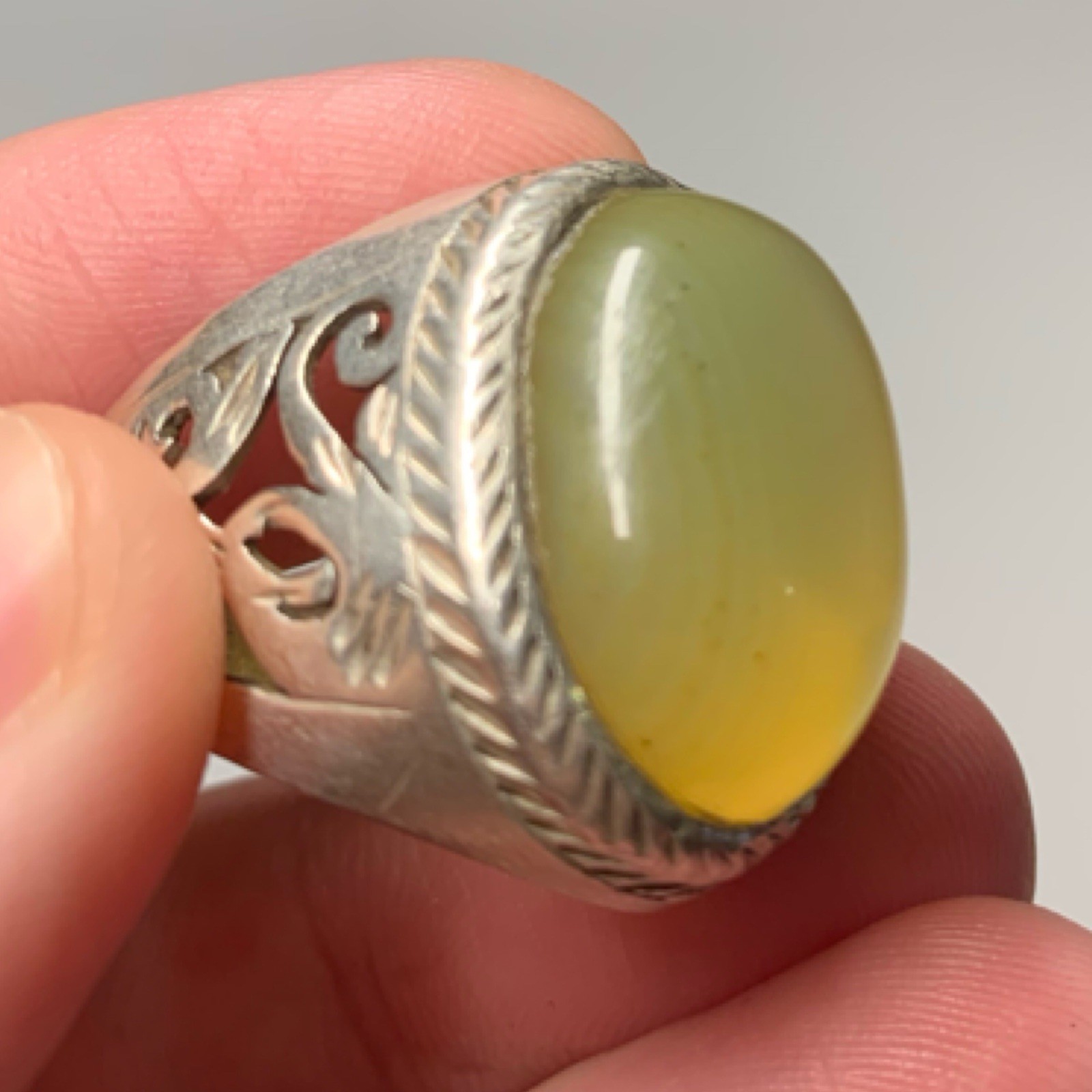 Vintage Solid Silver Ring Unique Luminous Yellow … - image 5
