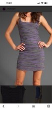 Free People Purple Gray Striped Knit Bodycon Mini Dress, Ruched, Size L