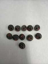 Vintage Black Glass Shank Buttons Lot of 11 Red Blue Gold Geometric Design