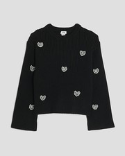River Island Girls Jumper Black Embellished Heart Crew Neck Sweater Pullover Top