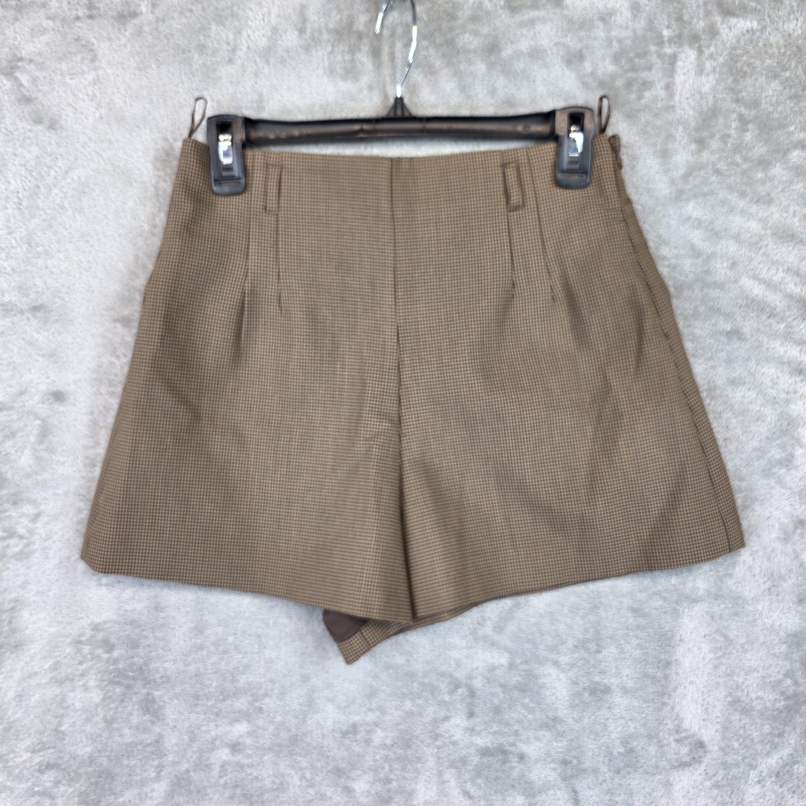 Zara Shorts Womens Small Brown Houndstooth Chino High Rise Flat Front Lined