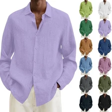 Mens Button-Up Baggy Long Sleeve Cotton Linen Dress Casual Solid Tops Shirt