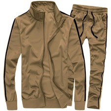 Men's Activewear Full Zip Warm Tracksuit Sports Set Casual Sweat Suit Khaki L