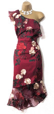 NEW CHI CHI Red Embroidered Floral Midi Dress 14 One‑Shoulder Asymmetric Wedding