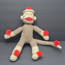 Original Sock Monkey Doll 20" Stuffed Plush Vtg Retro Animal Classic Toy Pom Pom