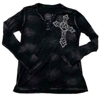 Vintage Shirt Y2K AFFLICTION XL Cross Wings Black Thin Long Sleeve Goth Emo