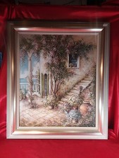 Altes Ölgemälde Bild Mediterrane Küstenlandschaft Finca Italien Holzrahmen (5874