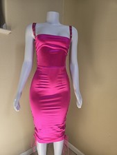 Pink Satin Bodycon Midi Dress Strappy Sleeveless Grommet Lace-Up Sides S