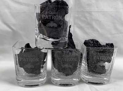 4 PACK New Patron Tequila Etched Bee Logo Bubble Square Shot Glasses 2 oz