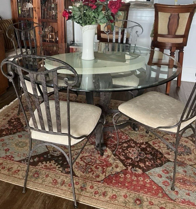 5-Piece Round Glass Top Dining Table Set w/ 4 Metal Chairs, Fabric Seats