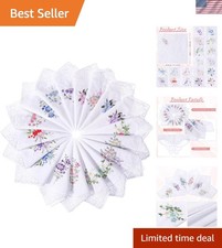 Set of 18 Luxe Flower Embroidered Cotton Handkerchiefs with Delicate Lace Edging