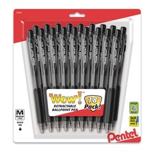 Pentel WOW Retractable Ballpoint Pens, Medium Line, Black Ink, 18-Pack