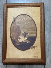 Vtg Hudson River Inlay Framed Jeff Nelson Cat Marquetry A Better Mousetrap