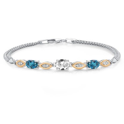 925 Silver and 10K Yellow Gold White Created Sapphire and London Blue Topaz and