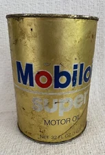 Vintage Mobiloil Super MOTOR OIL One U.S. Quart Composite Advertising Can EMPTY