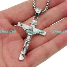 18K White Gold Filled INRI Jesus Christ Cross Pendant  Box Chain Necklace T123W