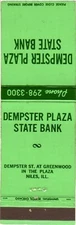 Dempster Plaza State Bank, Niles Illinois, Vintage Matchbook Cover