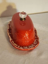 pioneer woman Buter Dish With Lid Red Embossed Flowers Glass Knob 