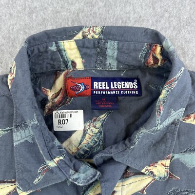 Chemise Décontractée Reel Legends Pour Homme – Bleu Moyen, Manches Courtes, Boutonnée, Imprimé Poisson (Taille M, Occasion Très Bon état)