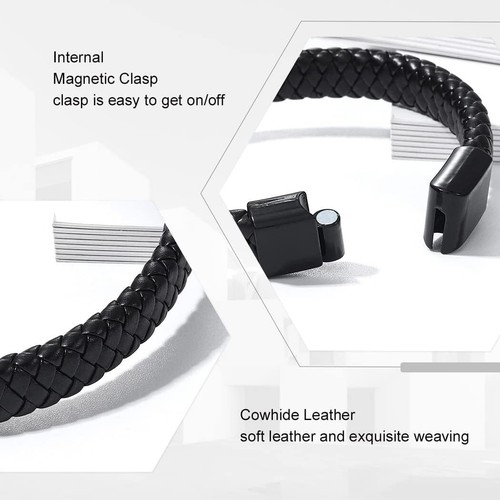 Black Bracelet Men's Braided Leather Bangle Stainless Steel Cuff Wristband Gift - Picture 3 of 40