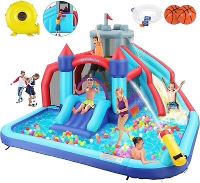 Kids Inflatable Water Slide Bounce House Splash Pool w/Blower, Climbing Wall