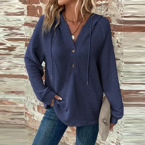 Women's hooded waffle knit button V-neck long sleeved sweater sweatshirt top- - Bild 37 von 43